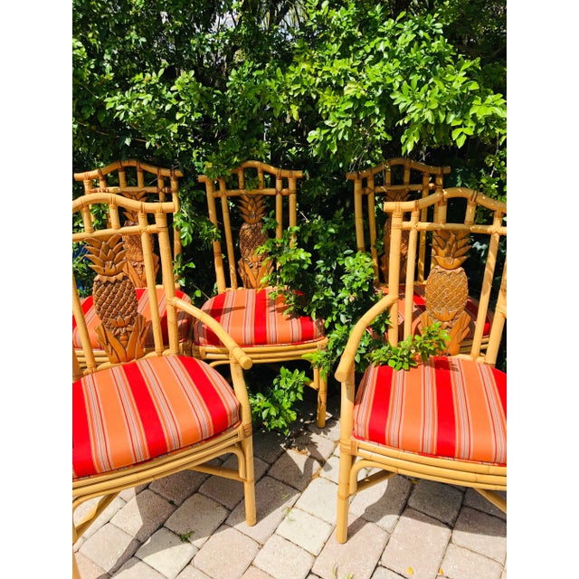Late 20th Century Palecek Style Bamboo Rattan Pineapple Dining Chairs - Set of 6 For Sale - Image 5 of 13
