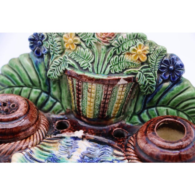 Ceramic 19th Century, Antique Portuguese Palissy Ware Inkwell, Earthenware, Manuel Mafra For Sale - Image 7 of 12