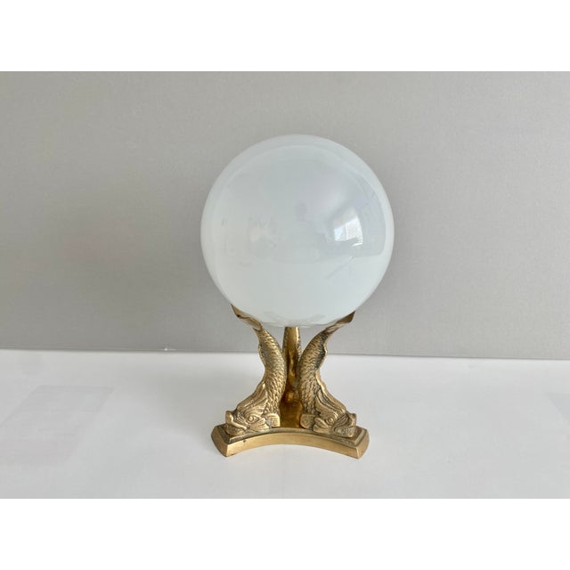 Hollywood Regency Opaline Glass Orb on Brass Koi Base For Sale - Image 3 of 5