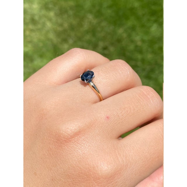 Gold The Rascamono: Ladies Two Tone Solitaire Engagement Style Ring set with 1.06 CT Sapphire For Sale - Image 8 of 9