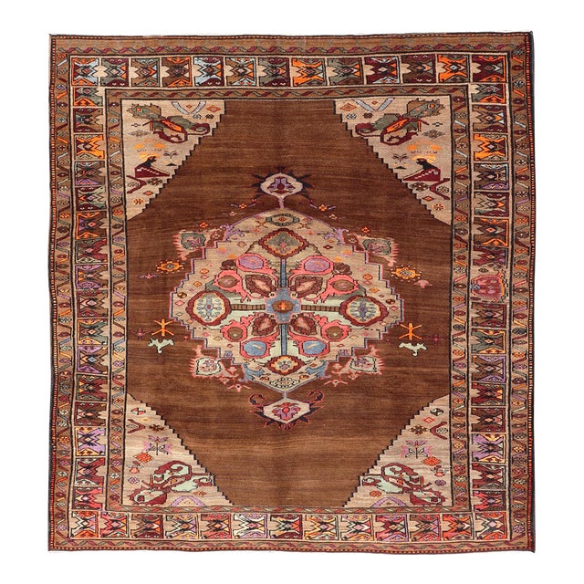 Vintage Turkish Kars Rug With Medallion on a Brown Field With Pops of Color 9'4" X 10'2" For Sale