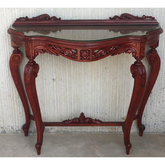 Rococo 20th Century Fancy Rococo Style Italian Carved Mahogany and Glass-Top Console For Sale - Image 3 of 13
