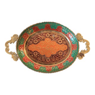 Colorful Vintage Brass Enamel Trinket Tray /W Handles For Sale