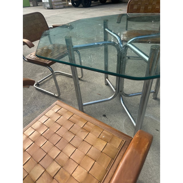Chrome Vintage Chrome and Woven Leather Dining Set With Geometric Glass Top For Sale - Image 8 of 9