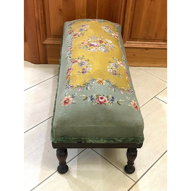 Early 20th Century Antique, Extra-Long, Footstool, With Floral Needlepoint, Overstuffed Cushion, and Fluffy Trim, Hand Turned, Walnut Legs, Circa 1920’s For Sale - Image 5 of 8