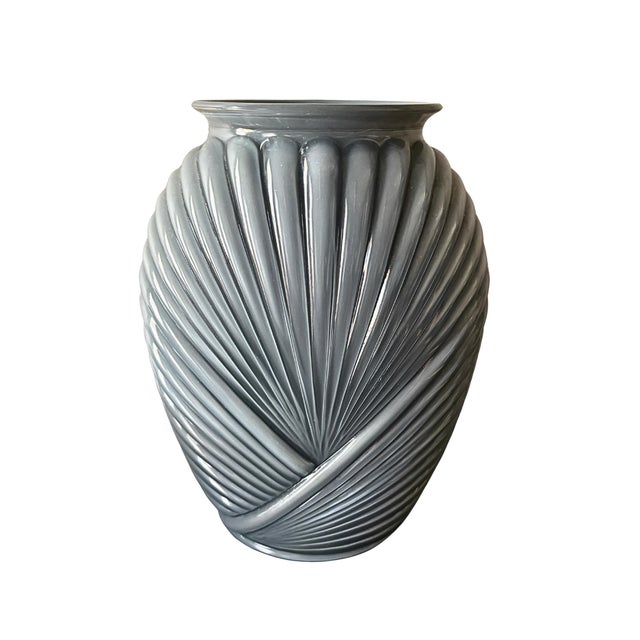 Art Deco Art Deco Revival Ribbed Wrapped Art Glass Vase Vintage Gray Inspired by Plissé Glass For Sale - Image 3 of 8