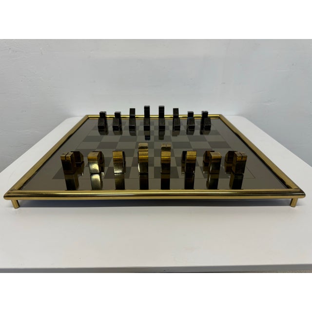 Mid-Century Modern Mid-Century Brass and Gunmetal Chess Set With Mirrored Glass Inset Board, 1970s For Sale - Image 3 of 12