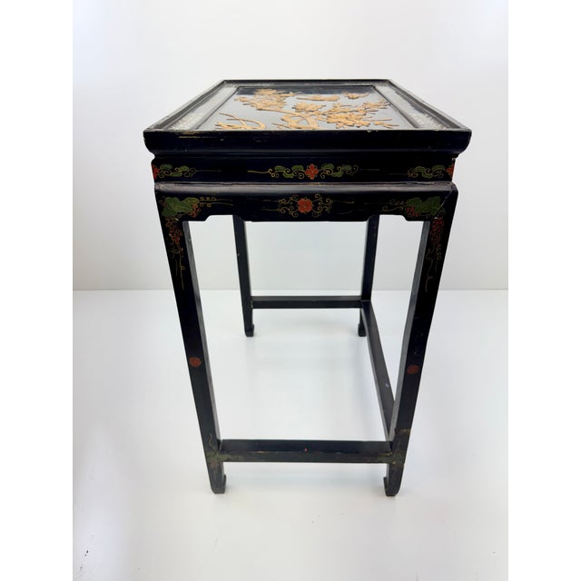 Vintage Black Lacquer Chinoiserie Side Table With Gilt Birds and Floral Motifs For Sale - Image 10 of 13