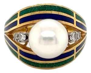 Mikimoto Pearl Diamond Enamel 18k Gold Dome Ring - Size 5