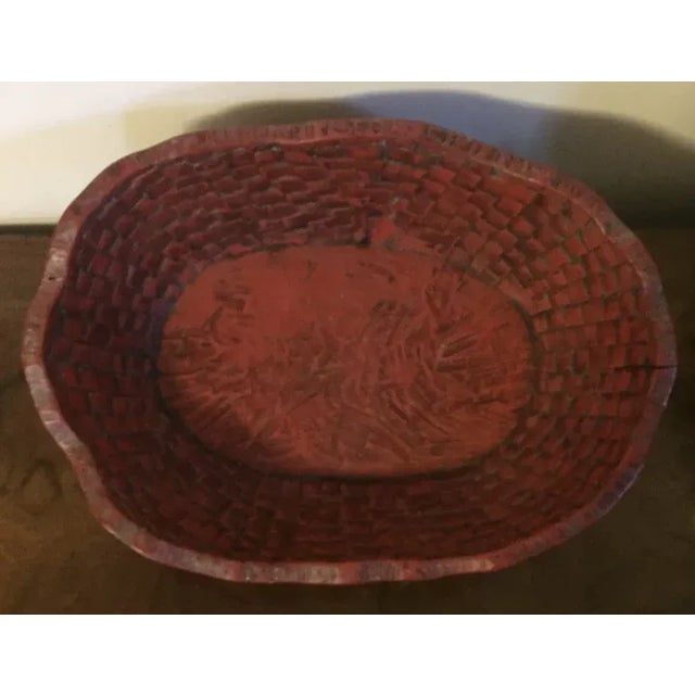 Wood Antique Japanese Red Lacquer Carved Wood Basketweave Centerpiece Bowl For Sale - Image 7 of 13