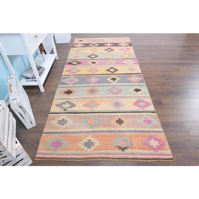 Boho Chic Vintage Turkish Oushak Handmade Wool Cotton Green Kilim Runner Rug For Sale - Image 3 of 9