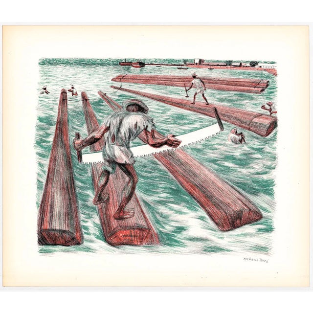 Alfredo Zalce (Mexican-American 1908 - 2003) "Lumber Workers, Bay of Campeche (Los Madereros)" color lithograph. Pencil...