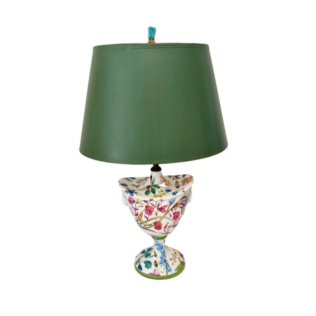 1980s Italian Botanical Painted Ceramic Urn Table Lamp With Lion Masks & Turquoise Finial Neoclassical For Sale - Image 9 of 14