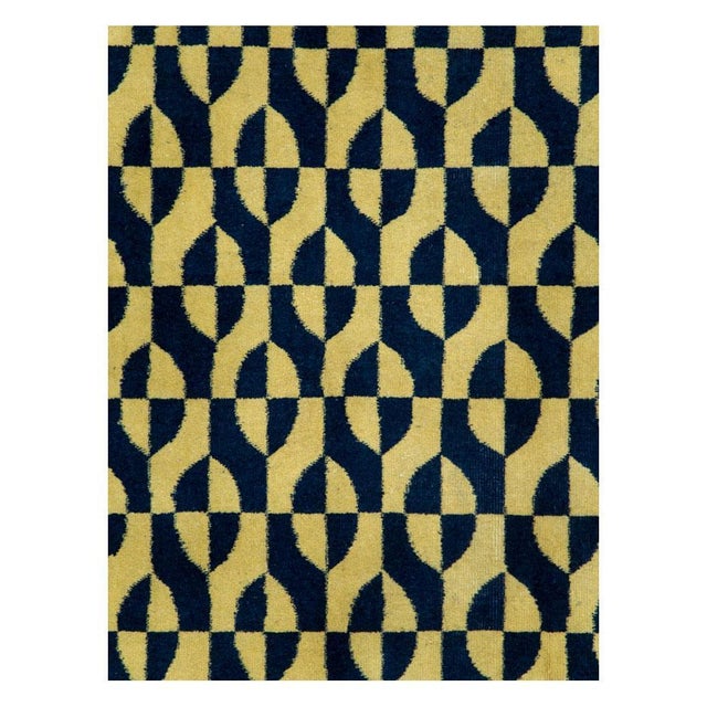 A vintage Turkish Art Deco accent rug handmade during the mid-20th century with a contemporary pattern in yellow and dark...