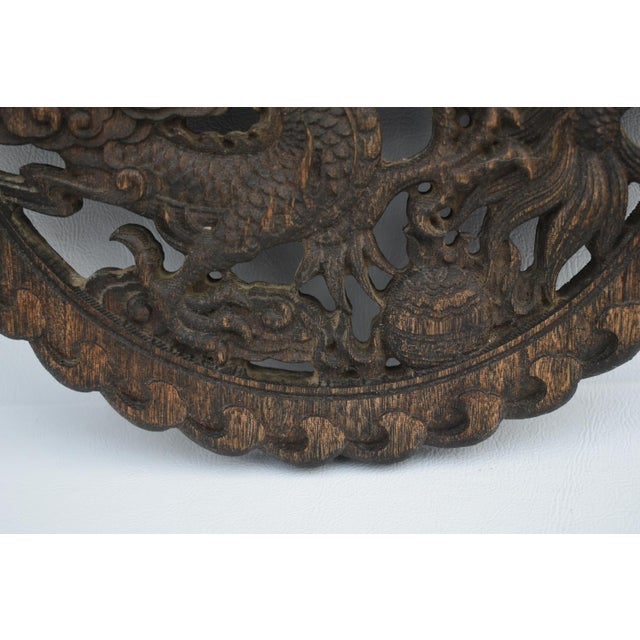 Vintage Round Carved Wood Dragon Plaque For Sale - Image 9 of 11