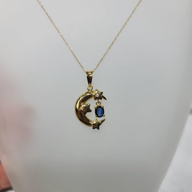 Crescent & Star Pendant with Dangling Sapphire 14k Yellow Gold 16" For Sale - Image 4 of 4