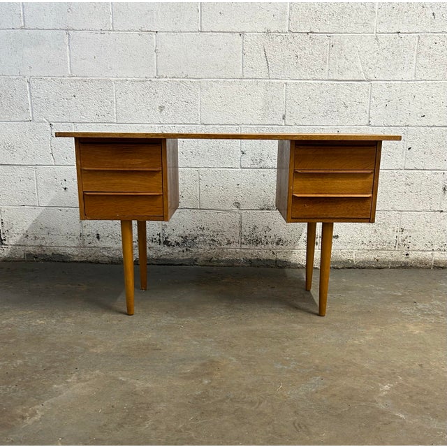 Mid-Century Modern Danish Freestanding Mid Century Modern Oak Writing Desk 6 Drawers, 1960s For Sale - Image 3 of 8