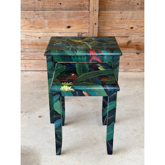 Pair of Hand-Painted Tropical Parrot and Jungle Nesting Tables For Sale - Image 11 of 12