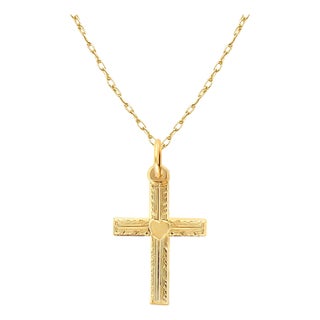 Dainty Gold Cross with Heart Design in Center 14k Yellow Gold 16" For Sale