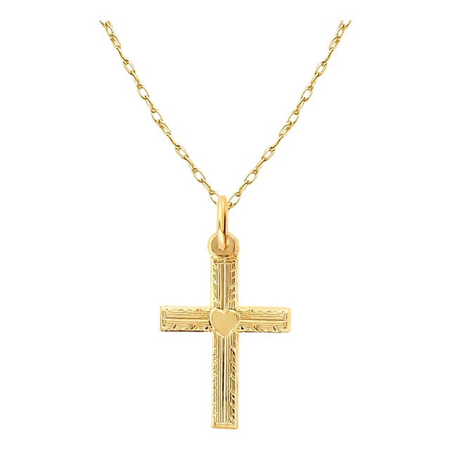 Dainty Gold Cross with Heart Design in Center 14k Yellow Gold 16" For Sale