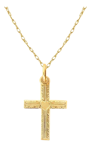 Dainty Gold Cross with Heart Design in Center 14k Yellow Gold 16"