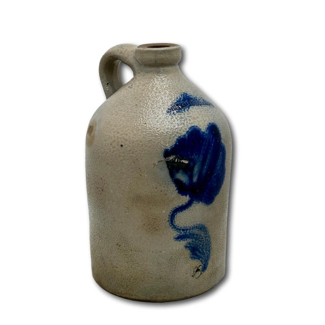 Nice Small 1 Gallon Size Antique American New York Stoneware Jug With Big Deep Blue Flower Decoration - Circa Mid 1800s For Sale - Image 14 of 18