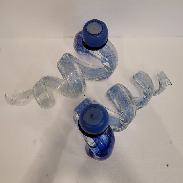 Blue Spiral Candleholders in Glass, France, 1980s, Set of 2 For Sale - Image 9 of 18