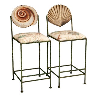 Vintage Artisan Sculptural Twisted Wrought Iron Verdigris Shell Bar Stools For Sale