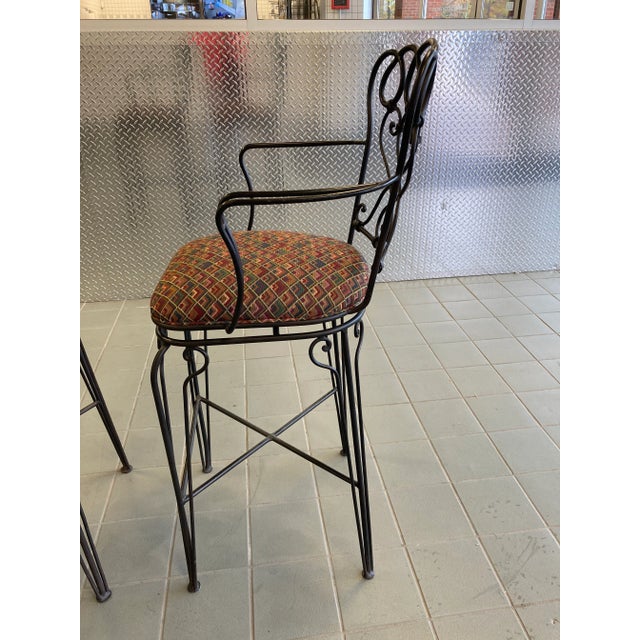 Late 20th Century Late 20th Century Ethan Allen Wrought Iron Bar Height Counter Stools - a Pair For Sale - Image 5 of 12