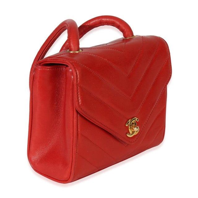 Traditional Vintage 24K Red Chevron Lambskin CC Square Flap Bag For Sale - Image 3 of 9