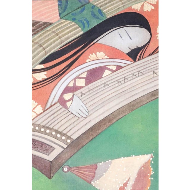 Painted canvas, or decorative panel, representing stylized Japanese dancers. Contemporary work by French artists....