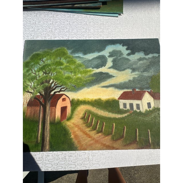 1990s Farmhouse and Barn Countryside Landscape Painting on Canvas For Sale - Image 4 of 9