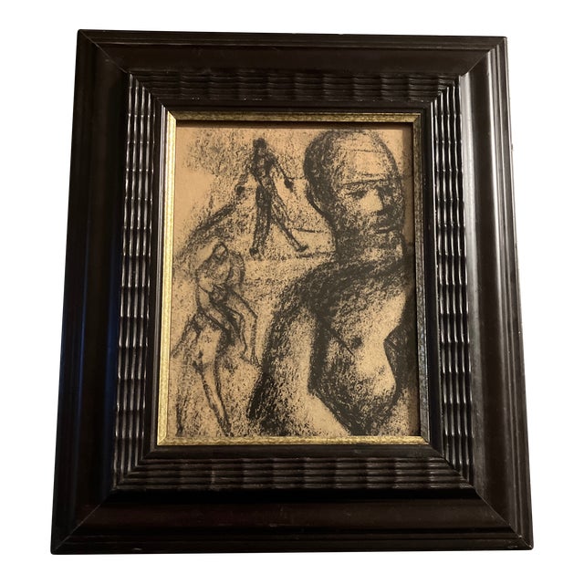 1940’s Original Male Nude Charcoal Study Drawing Vintage Frame For Sale