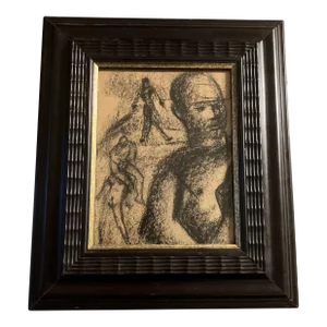 1940’s Original Male Nude Charcoal Study Drawing Vintage Frame