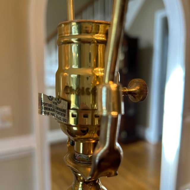 French Chelsea House Inc Set of (2). Crystal Stem Lamps With Brass and Brass Marble Base. Restoration New Hardware French Drum Replacement Shades. For Sale - Image 3 of 6