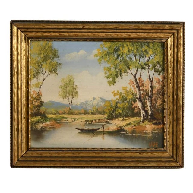This framed pair of signed oil on board landscape paintings captures the timeless tranquility of pastoral scenery through...