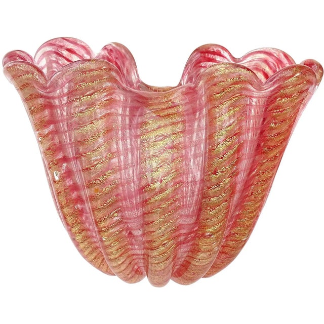Glass Barovier Toso Murano Vintage Pink Gold Flecks Italian Art Glass Midcentury Double Flower Vase For Sale - Image 7 of 7