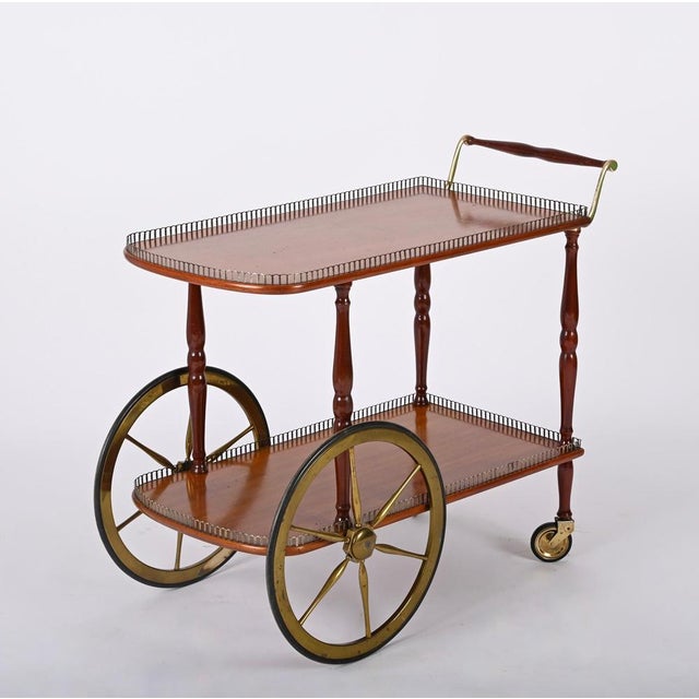 Mid-Century Italian Mahogany and Brass Serving Bar Cart, 1960s For Sale - Image 3 of 18