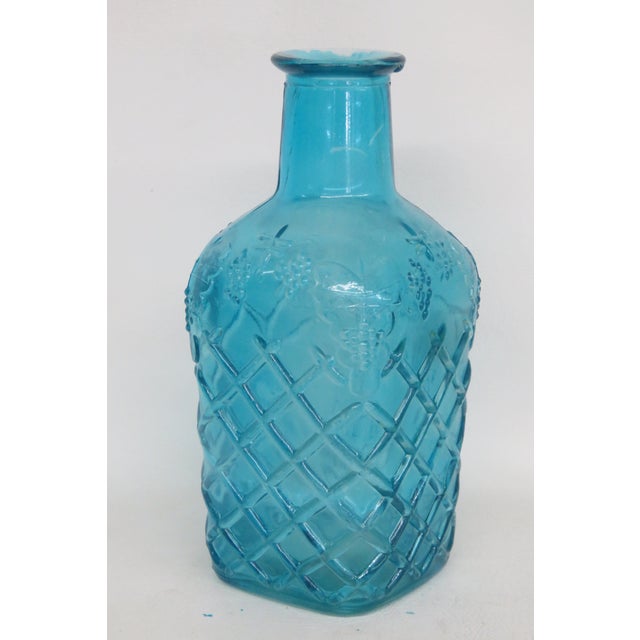 Blue Squared Glass Bottle Embossed Carafe With Grapes Lattice Vase 4801b For Sale In Miami - Image 6 of 14