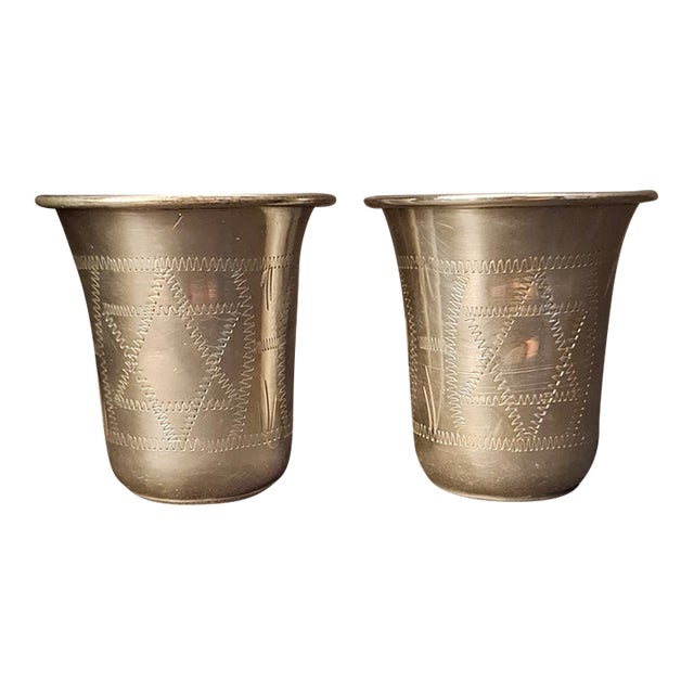 Antique 84 mark Sterling Silver Kiddush Cups Engraved Magen David Star Judaica - Pair For Sale