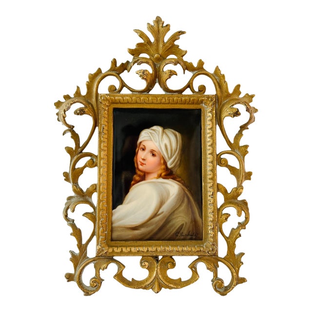 Antique 19th C. German Porcelain Plaque of Beatrice Cenci Signed C. Russhuldt, Gilt Rococo Frame For Sale