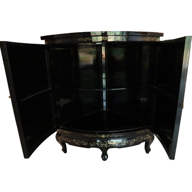 Black Lacquer Chinese Corner Cabinet With Inlaid Stone For Sale - Image 9 of 10