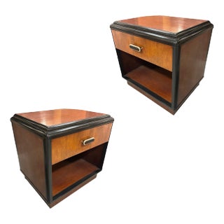 Pair of Two Toned Art Deco Cherry Wood & Lacquer Bedside Tables W/ Stepped Top For Sale