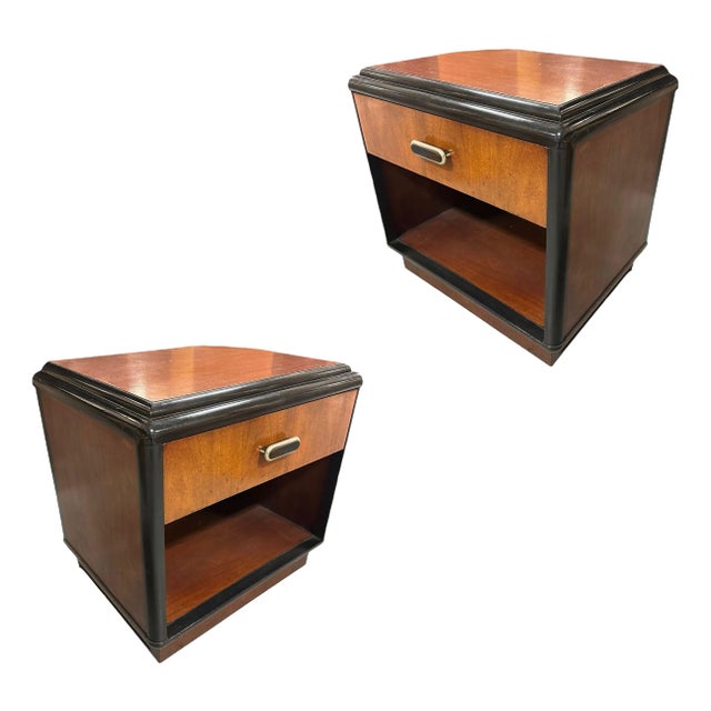 Pair of Two Toned Art Deco Cherry Wood & Lacquer Bedside Tables W/ Stepped Top For Sale