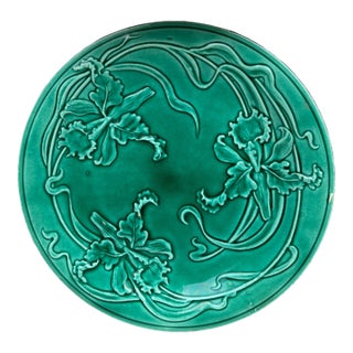 19th Century Green Majolica Orchid Plate Saint Clement For Sale