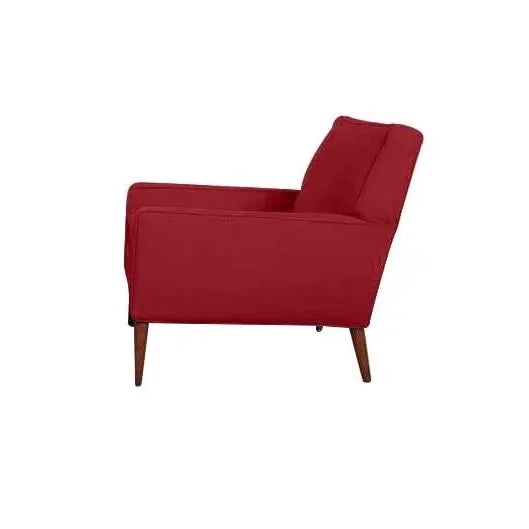 Pair of mid century lounge chairs. Chairs are newly upholstered in red chenille. The frames are solid / Legs have a walnut...