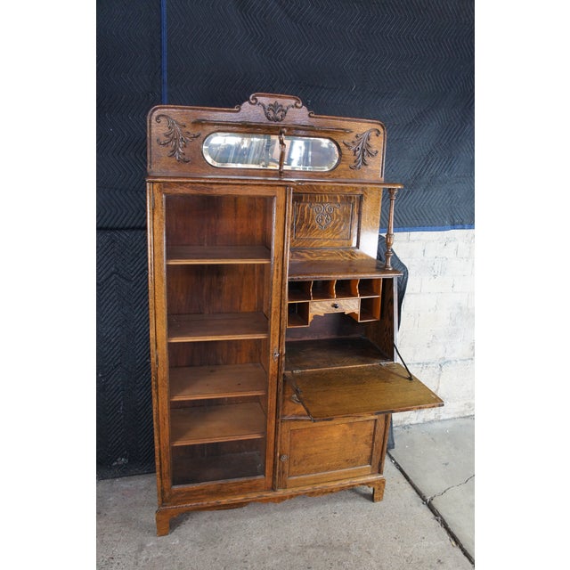 Early 20th Century Antique Quartersawn Oak Side by Side Secretary Desk Bookcase Curio Cabinet For Sale - Image 5 of 13