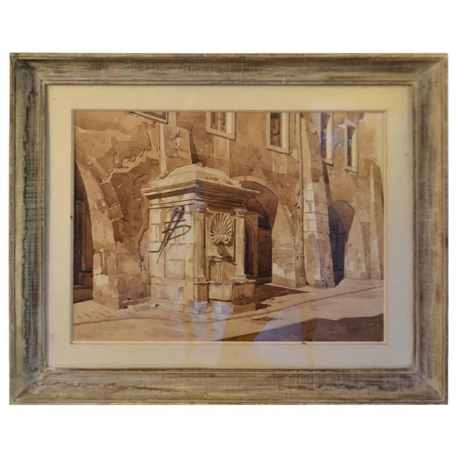 1920s Framed Watercolor Drawing of a Fountain For Sale - Image 5 of 5