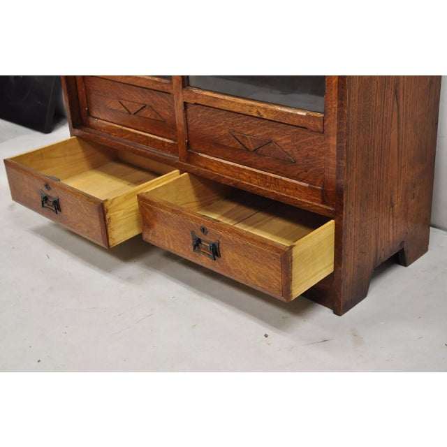 Early 20th Century Antique Mission Oak Arts & Crafts Small Sliding Door Bookcase Curio With Drawers For Sale - Image 5 of 12