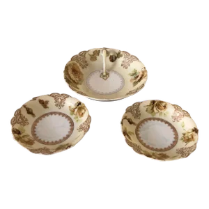 Antique Art Nouveau Silesia "Old Ivory" Pattern Handled Lemon Plate & Berry Bowls Set- 3 Pieces